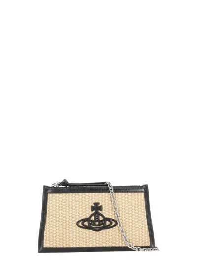 Vivienne Westwood Rectangular Raffia Pochette With Black Orb Logo In Neutral