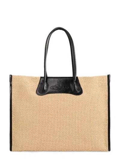 Vivienne Westwood Rectangular Woven Tote Bag With Black Leather Accents In Beige