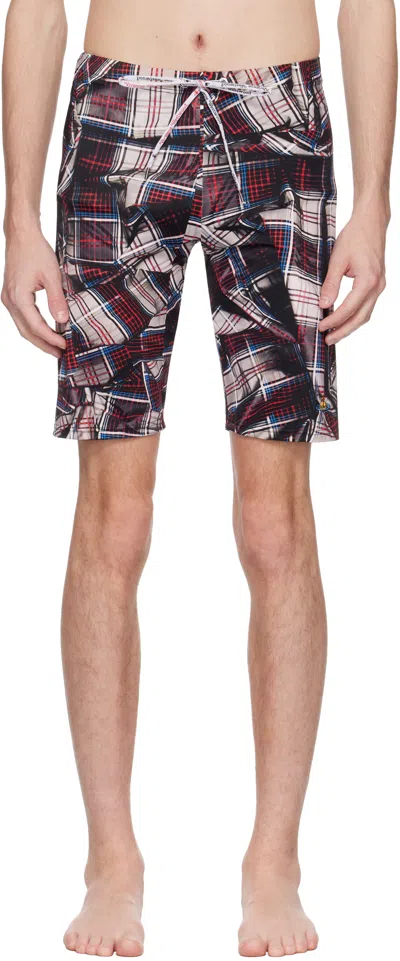 Vivienne Westwood Red & Black Draped Tartan Fitted Swim Shorts In Ss25-h401