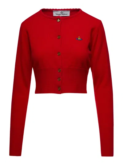 VIVIENNE WESTWOOD RED CARDIGAN WITH SIGNATURE EMBROIDERED ORB LOGO IN COTTON WOMAN
