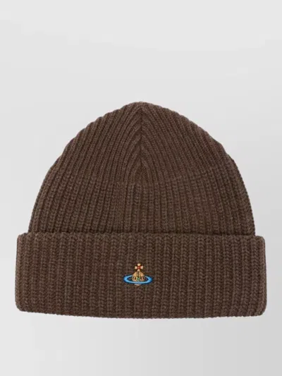 Vivienne Westwood Ribbed Knit Hat Turn Up Brim In Brown