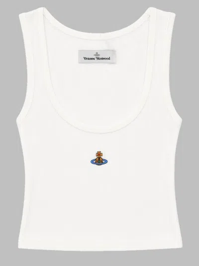 Vivienne Westwood Ribbed Scoop Neck Tank Top With Embroidered Logo In White