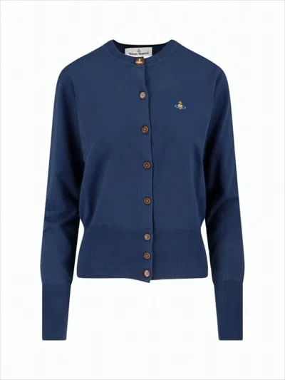 Vivienne Westwood Round Neck Cashmere-blend Cardigan With Ribbed Hem In Blue