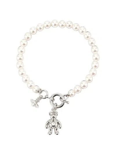 Vivienne Westwood Ruby Bear-pendant Pearl Bracelet In Metallic