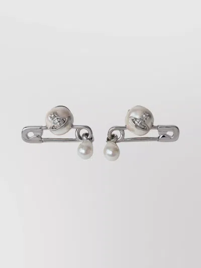 Vivienne Westwood Safety Pin Faux-pearl Earrings Pair In Silver
