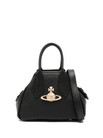 Vivienne Westwood Saffiano Leather Mini Handbag With Iconic Gold Orb And Adjustable Strap In Black