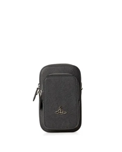 Vivienne Westwood Saffiano Phone Crossbody Bag With Signature Orb Plaque In Black