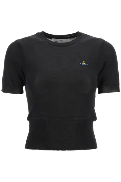 Bea Black Cropped Tshirt With Orb Embroidery In Cotton And Cashmere Woman from Vivienne Westwood