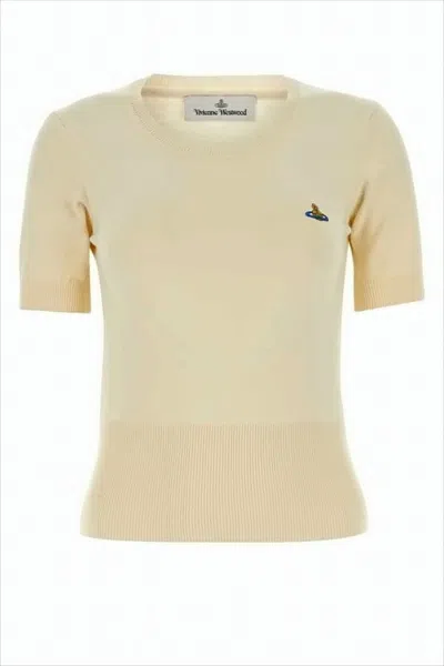Vivienne Westwood Short-sleeved Fitted Sweater With Ribbed Hem And Emblem In Yellow