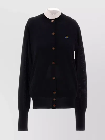 Vivienne Westwood Silk Wool Ribbed Crew Neck Long Sleeve Cardigan In Black