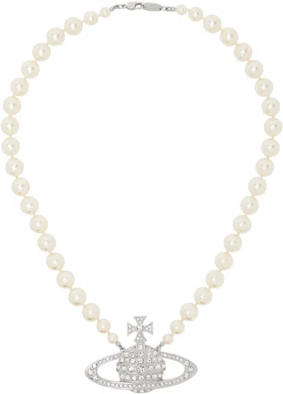 Vivienne Westwood Silver & White Bas Relief Pearl Necklace In Platinum