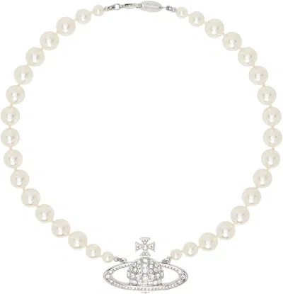 Vivienne Westwood Silver & White One Row Faux-pearl Bas Relief Choker In R001 Platinum/cream/