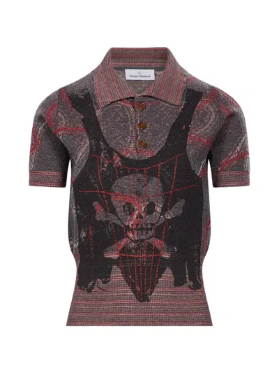 Vivienne Westwood Skull-print Knitted Polo Shirt In Gray