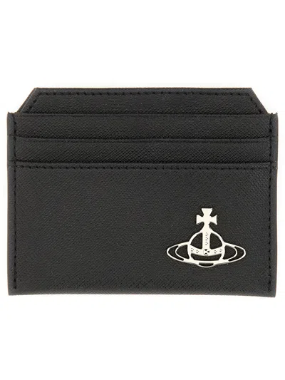 Vivienne Westwood Black Card Holder With Orb Detail On The Front In Grained Leather Woman