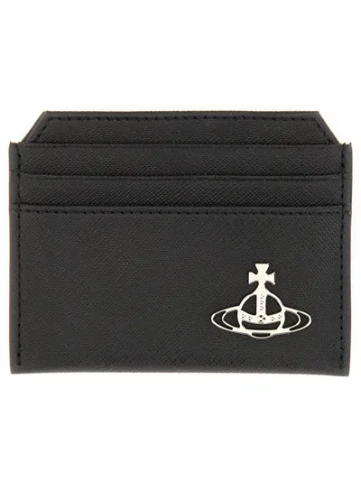Vivienne Westwood Black Card Holder With Orb Detail On The Front In Grained Leather Woman