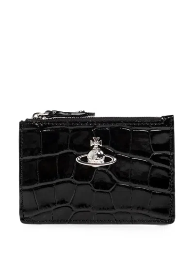 Vivienne Westwood Leather Coin Clutch Bag Crocodile Texture In Black