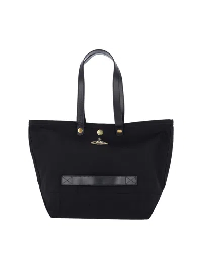 Vivienne Westwood Structured Canvas Shoulder Bag With Leather Accents In Black