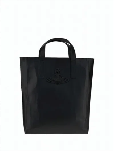 Vivienne Westwood Smooth Black Cowhide Leather Tote Bag In White