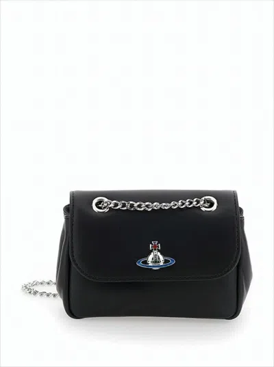 Vivienne Westwood Smooth Lambskin Shoulder Bag With Metallic Emblem In Black