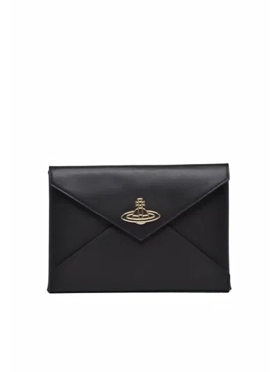 Vivienne Westwood Smooth Thin Orb Clutch With Metallic Emblem And Chain Strap In Black