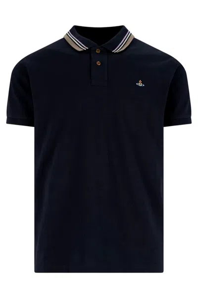 Vivienne Westwood Striped-collar Piqué Cotton Polo In Black