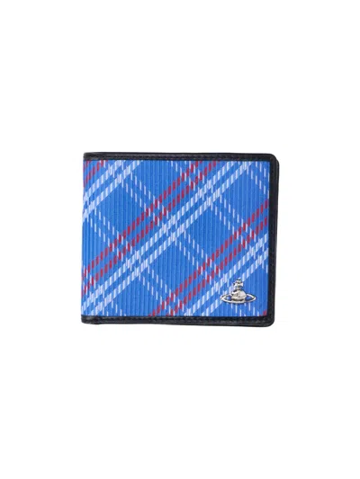 Vivienne Westwood Stuart Check Bi-fold Wallet With Silver Orb Logo In Blue