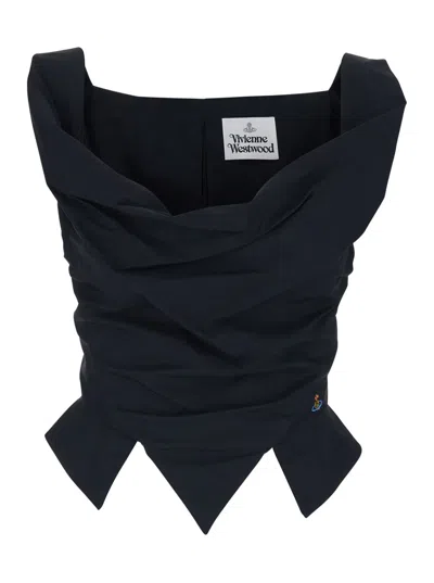Vivienne Westwood Sunday Black Sleveless Top With Ring Neckline With Draping And Pointed Hem In Cotton Woman In Blue