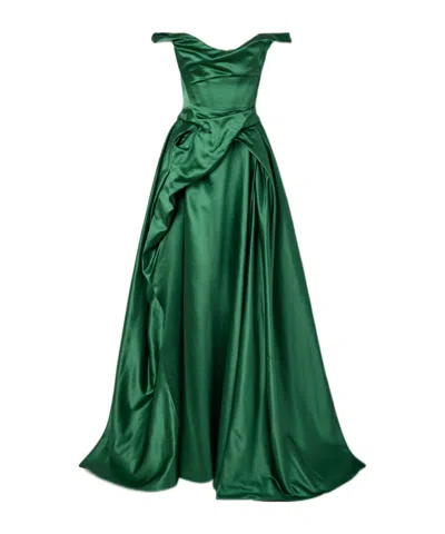 Vivienne Westwood Tabitha Off-the-shoulder Draped Duchesse Silk-satin Gown In Green
