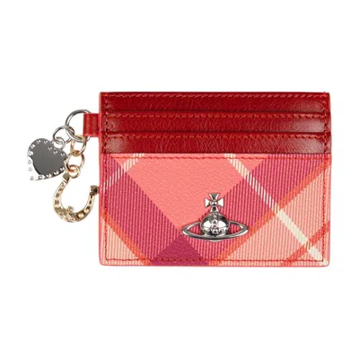 Vivienne Westwood Tartan Leather With Orb Logo Card Case In Pink