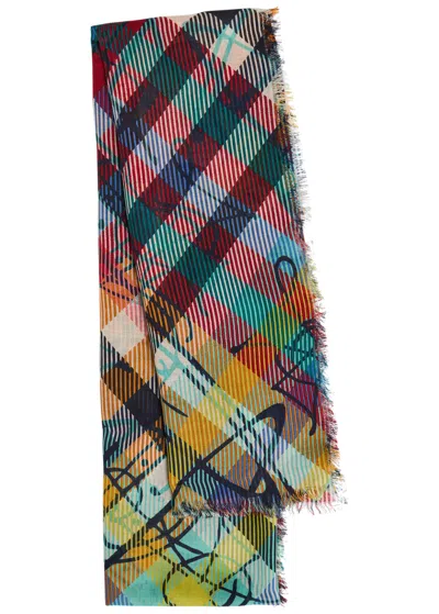 Vivienne Westwood Tartan Logo-monogrammed Wool Scarf In Animal Print