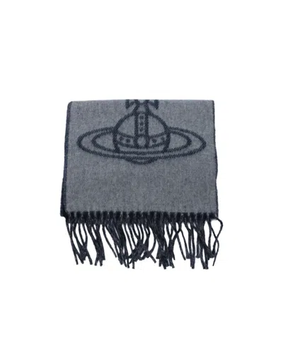 Vivienne Westwood Orb-logo Fringed Scarf In Gray