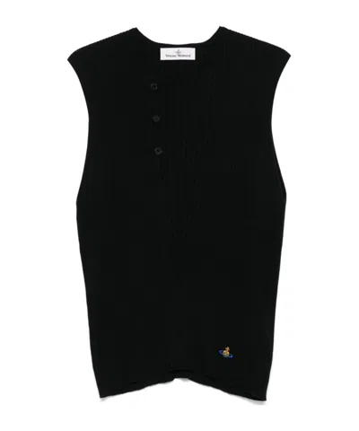 Vivienne Westwood Ribbed Sleeveless Crewneck Button Detailing In Black