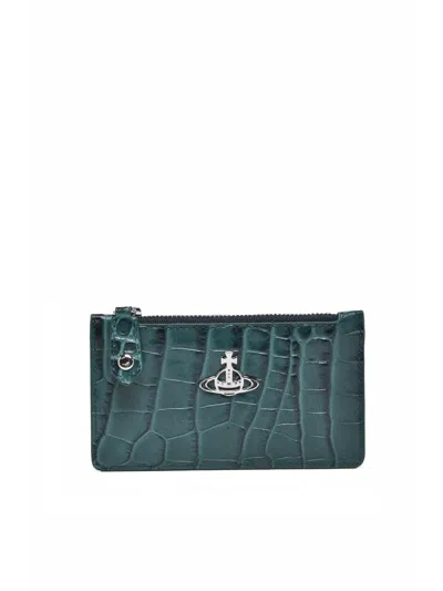Vivienne Westwood Textured Green Leather Cardholder With Zip Closure