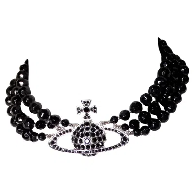 Pre-owned Vivienne Westwood Thee-row Black Agate Crystal Beaded Orb Choker Necklace