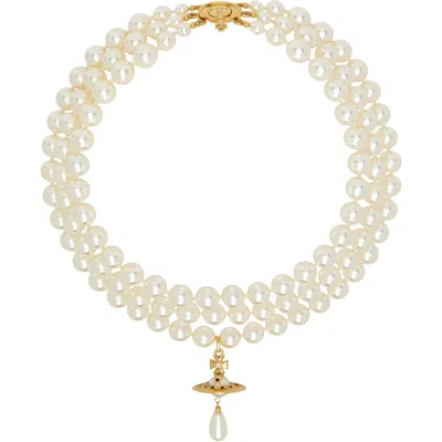 Vivienne Westwood Three Row Faux Pearl Drop Choker In R118 Gold/pearl/mult