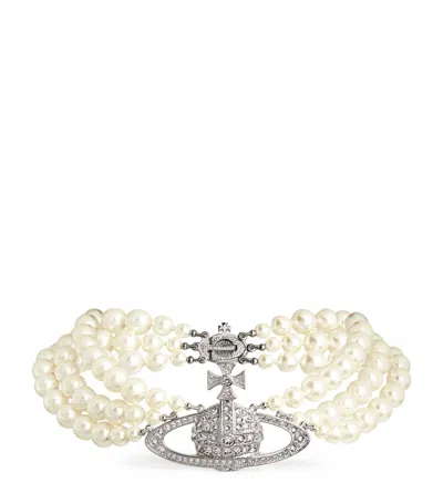 Vivienne Westwood Three Row Pearl Bas Relief Choker In Silver