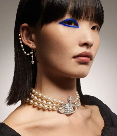 Vivienne Westwood Three Row Pearl Bas Relief Choker Silver Swarovski Pearls Women