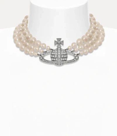 Vivienne Westwood Three Row Pearl Bas Relief Choker Silverpearl-crystal Brass Women In Metallic