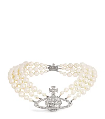 Vivienne Westwood Three-row Pearl Bas Relief Necklace In Metallic