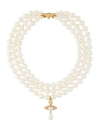 Pre-owned Vivienne Westwood Three Row Pearl Drop Choker, 14" In White