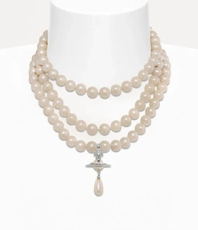 Vivienne Westwood Three Row Pearl Drop Choker Silverpearl- Brass Women In Metallic