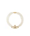 Vivienne Westwood Three Row Pearl Bas Relief Neckchain In Yellow