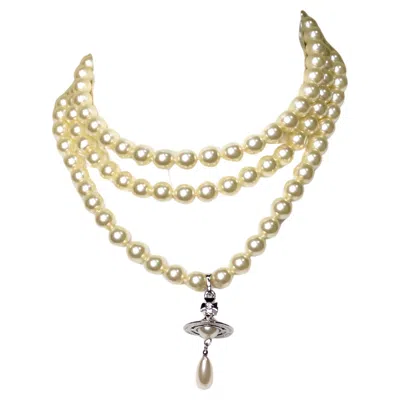 Pre-owned Vivienne Westwood Three-row Costume Pearl Drop Orb Pendant Necklace In Multi