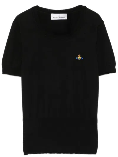 Vivienne Westwood Top Bea A Maniche Corte Con Ricamo Orb In Nero