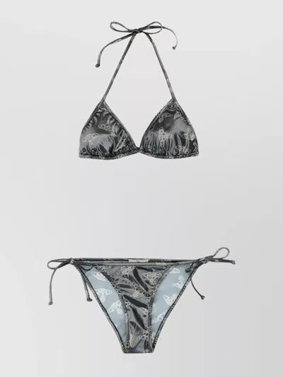 Vivienne Westwood Triangle Top Bikini With Adjustable Straps And All-over Print In Black 3d Orb