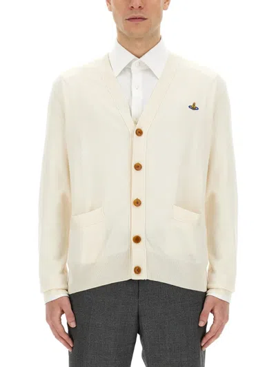 Vivienne Westwood V-neck Cardigan With Subtle Logo Detailing In Neutrals