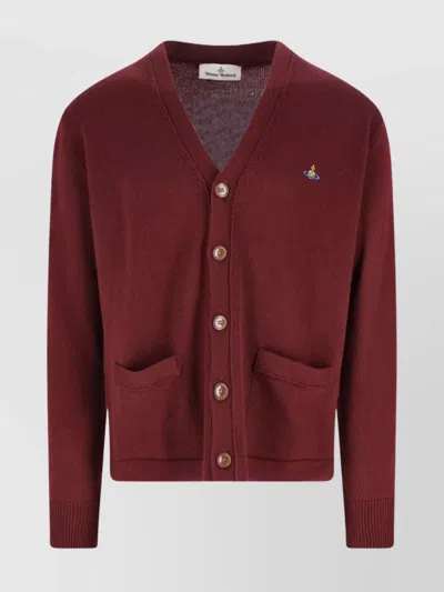 Vivienne Westwood V-neck Sweater With Ribbed Cuffs And Pockets In Burgundy