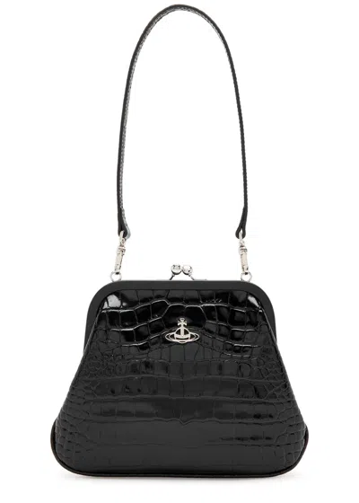 Vivienne Westwood Vivienne's Crocodile-effect Leather Shoulder Bag In Black