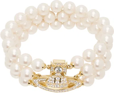 Vivienne Westwood White & Gold Graziella Three Row Pearl Bracelet In R143 Gold/creamros