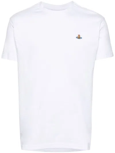 VIVIENNE WESTWOOD WHITE COTTON CREW NECK T-SHIRT WITH SIGNATURE ORB LOGO